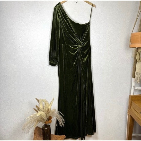 Revelry Aurora Velvet Dress Women's 16 Olive Green One Sleeve Maxi Slit Formal - Picture 1 of 16